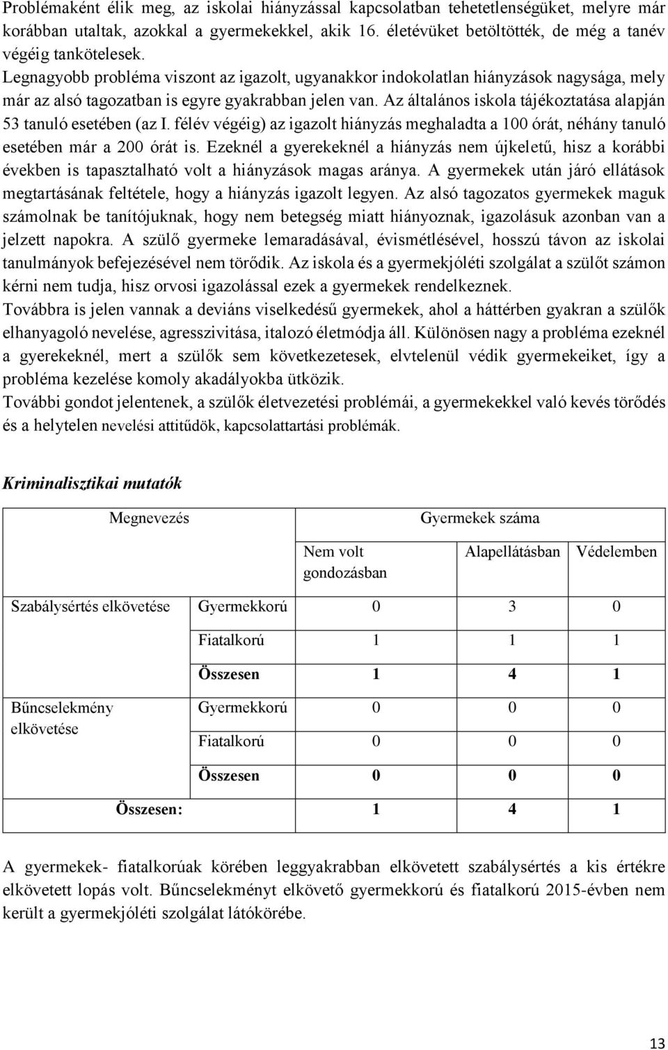 Az általános iskola tájékoztatása alapján 53 tanuló esetében (az I. félév végéig) az igazolt hiányzás meghaladta a 100 órát, néhány tanuló esetében már a 200 órát is.