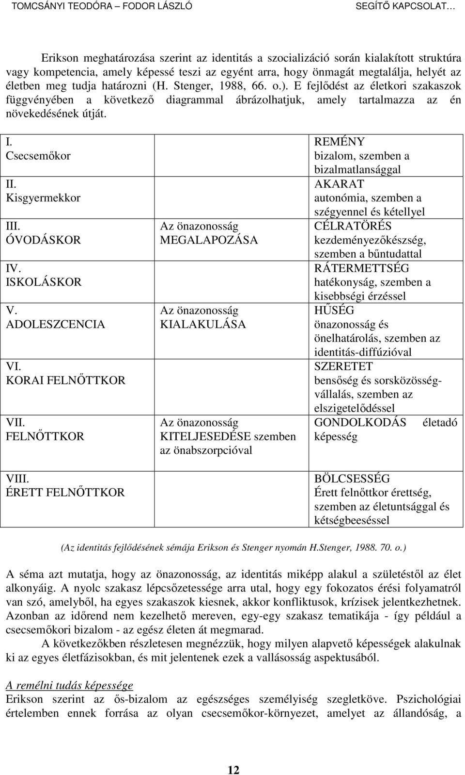 Kisgyermekkor III. ÓVODÁSKOR IV. ISKOLÁSKOR V. ADOLESZCENCIA VI. KORAI FELNİTTKOR VII. FELNİTTKOR VIII.