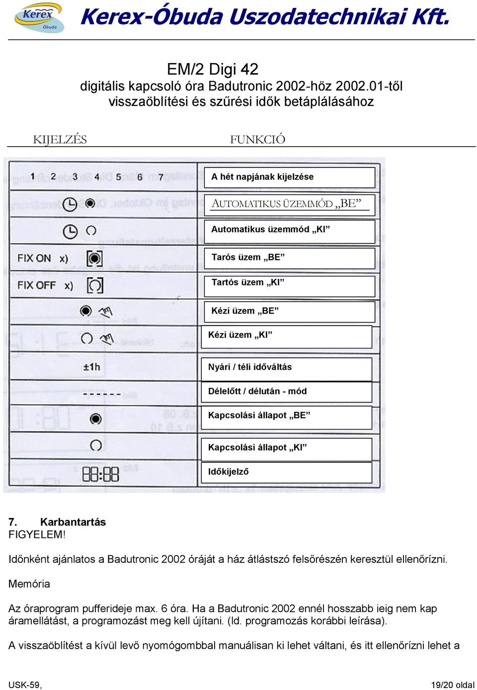 üzem KI Nyári / téli időváltás Délelőtt / délután - mód Kapcsolási állapot BE Kapcsolási állapot KI Időkijelző 7. Karbantartás FIGYELEM!