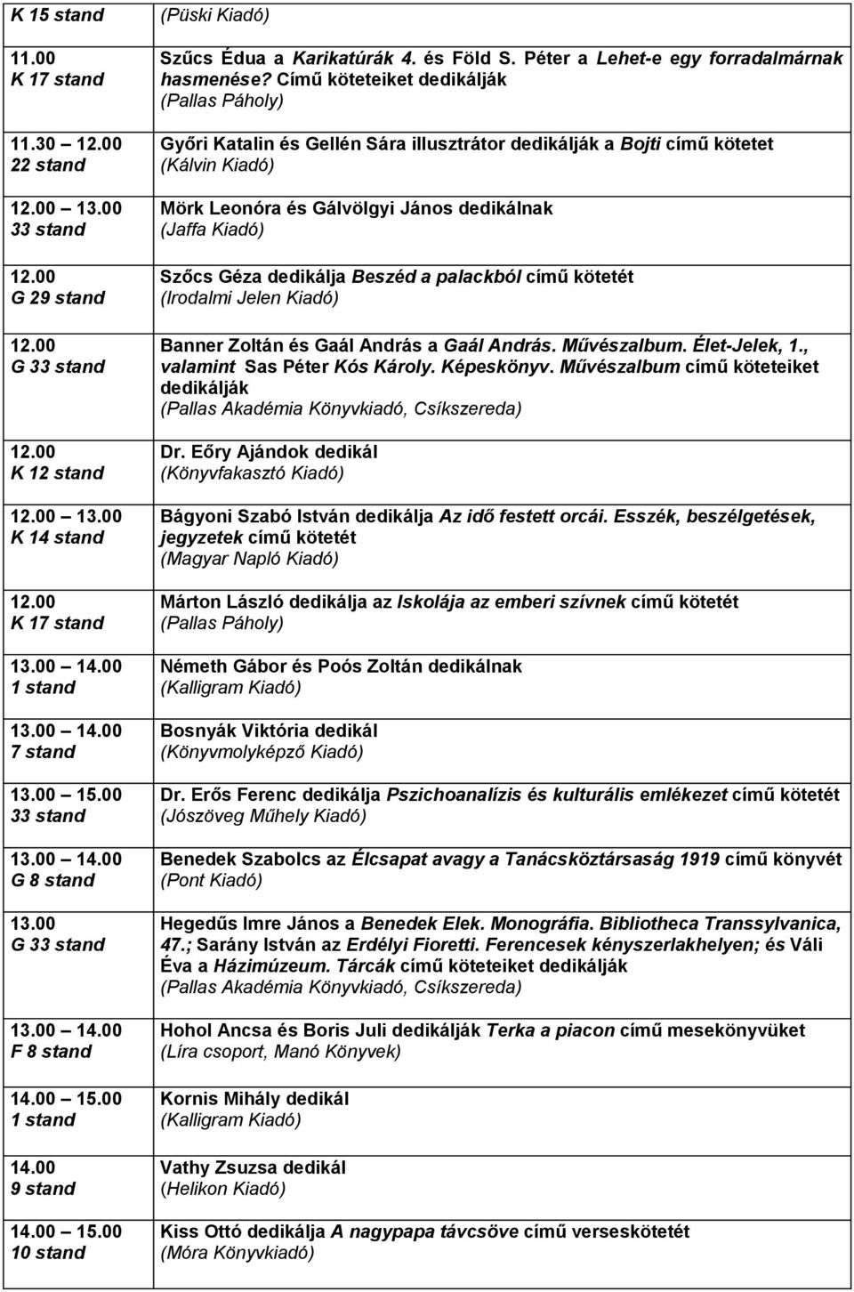 Című köteteiket dedikálják (Pallas Páholy) Győri Katalin és Gellén Sára illusztrátor dedikálják a Bojti című kötetet (Kálvin Kiadó) Mörk Leonóra és Gálvölgyi János dedikálnak Szőcs Géza dedikálja