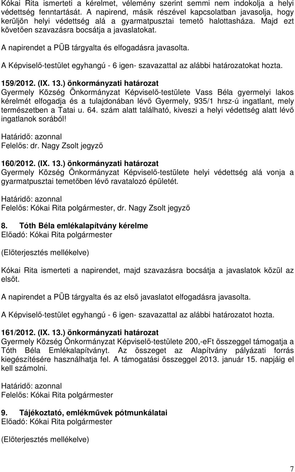 A Képviselő-testület egyhangú - 6 igen- szavazattal az alábbi határozatokat hozta. 159/2012. (IX. 13.