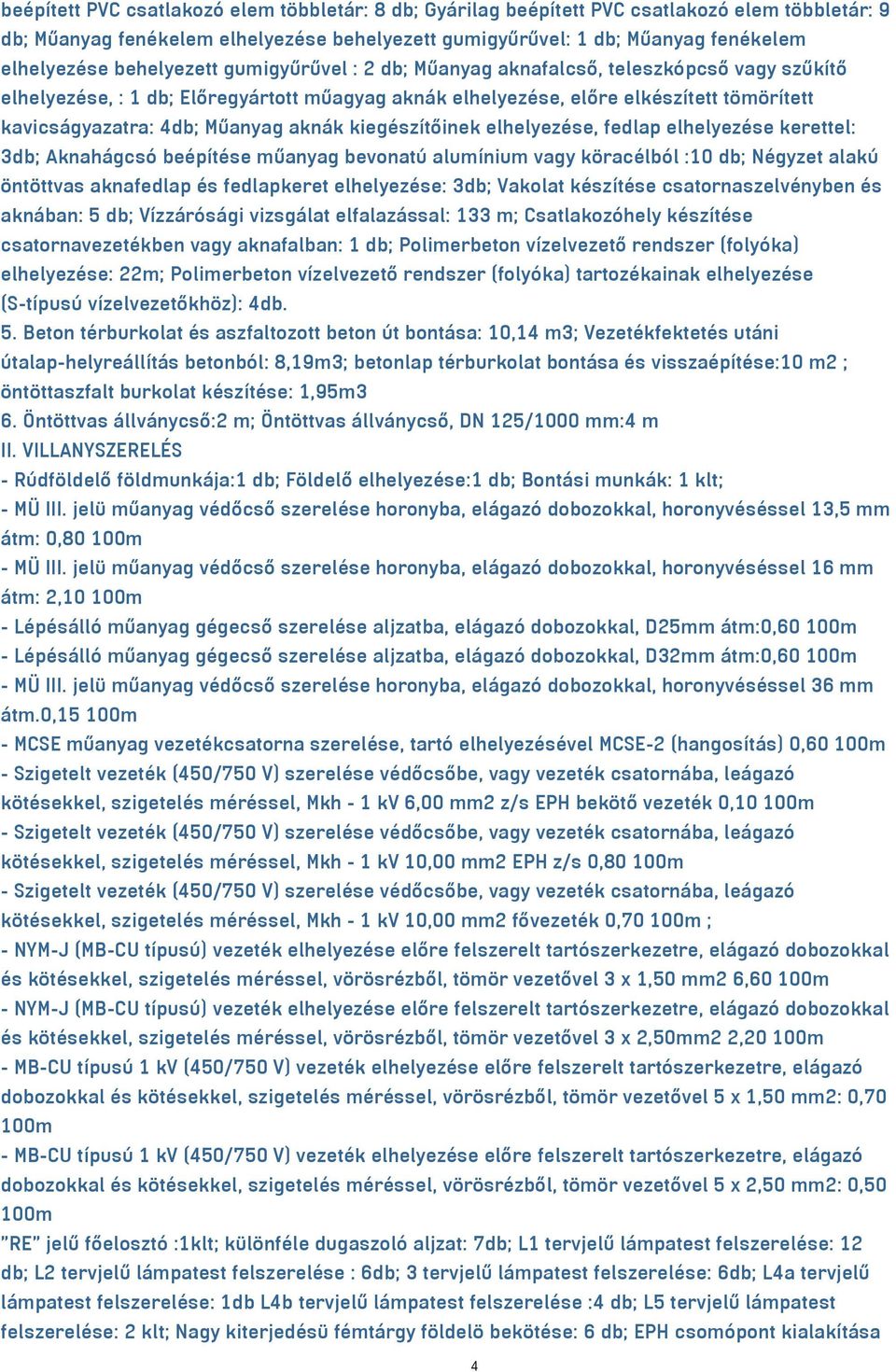 aknák kiegészítőinek elhelyezése, fedlap elhelyezése kerettel: 3db; Aknahágcsó beépítése műanyag bevonatú alumínium vagy köracélból :10 db; Négyzet alakú öntöttvas aknafedlap és fedlapkeret