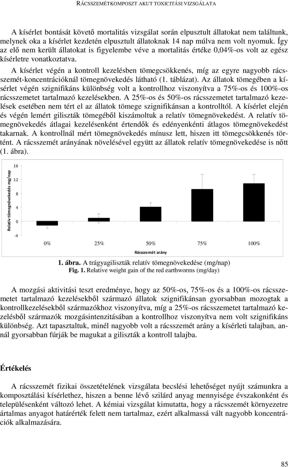 A kísérlet végén a kontroll kezelésben tömegcsökkenés, míg az egyre nagyobb rácsszemét-koncentrációknál tömegnövekedés látható (1. táblázat).