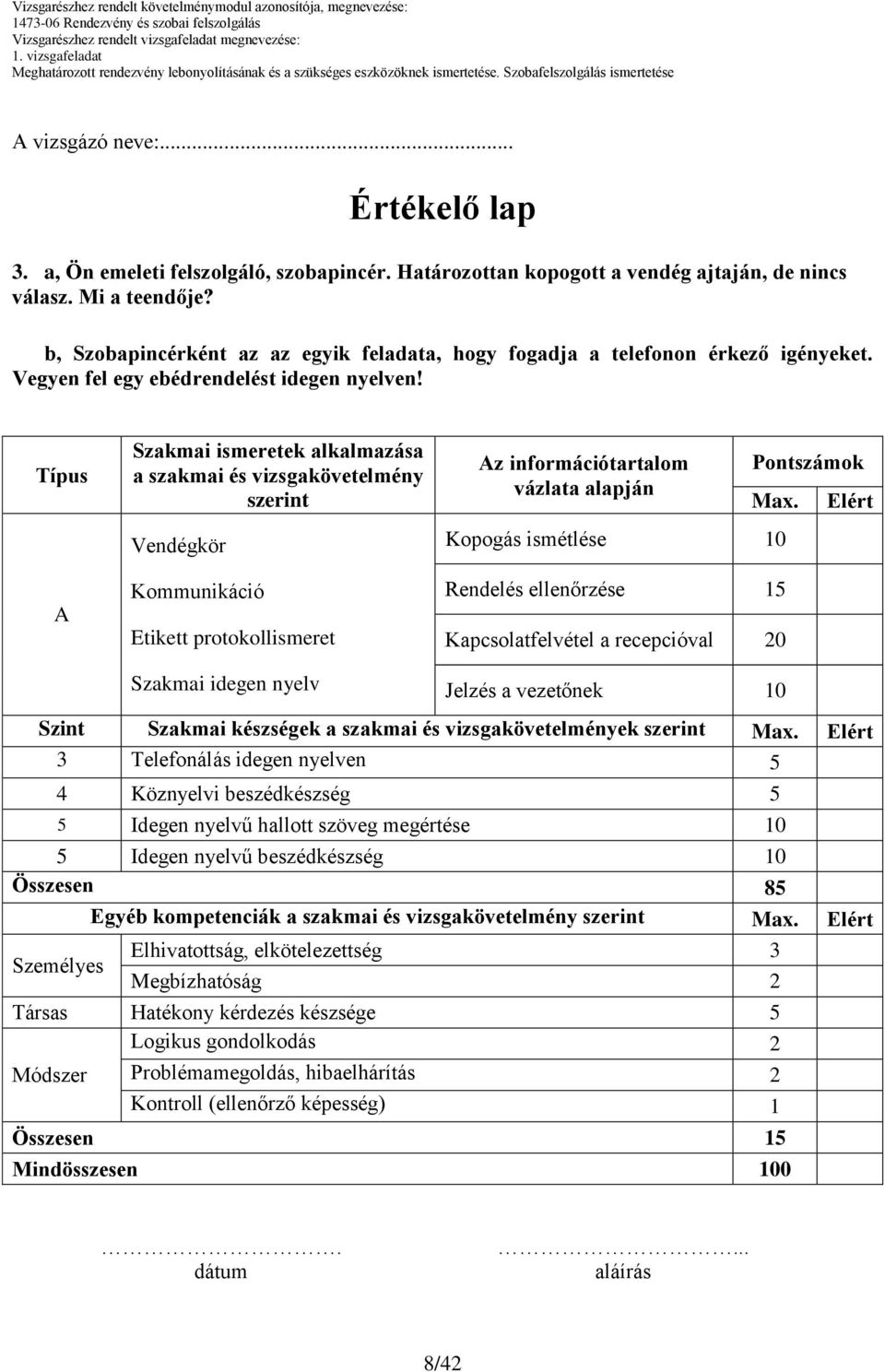 Típus A Szakmai ismeretek alkalmazása a szakmai és vizsgakövetelmény szerint Vendégkör Kommunikáció Etikett protokollismeret Szakmai idegen nyelv Az információtartalom vázlata alapján Pontszámok Max.