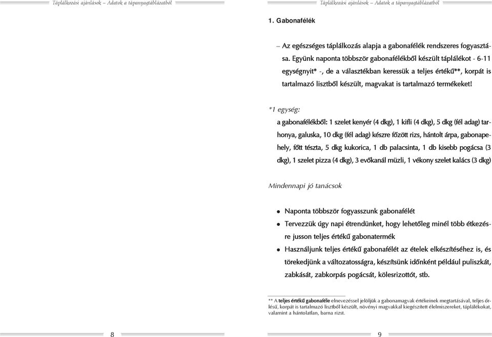 *1 egység: a gabonafélékbõl: 1 szelet kenyér (4 dkg), 1 kifli (4 dkg), 5 dkg (fél adag) tarhonya, galuska, 10 dkg (fél adag) készre fõzött rizs, hántolt árpa, gabonapehely, fõtt tészta, 5 dkg