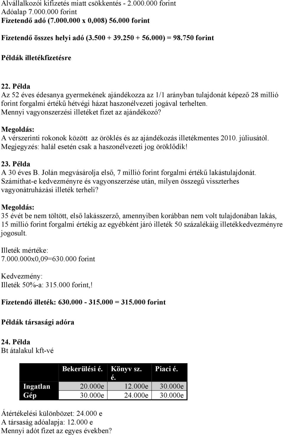 Példa Az 52 éves édesanya gyermekének ajándékozza az 1/1 arányban tulajdonát képező 28 millió forint forgalmi értékű hétvégi házat haszonélvezeti jogával terhelten.