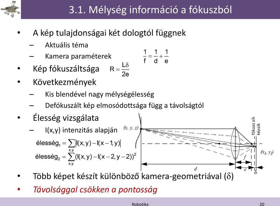 távolságtól Élesség vizsgálata I(x,y) intenzitás alapján 1 x,y élesség I(x,y) I(x 1,y) élesség (I(x,y) I(x 2,y