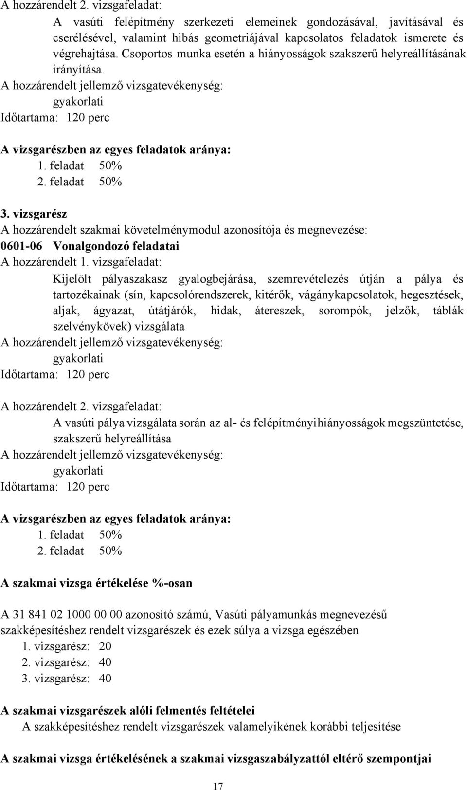 feladat 50% 2. feladat 50% 3. vizsgarész A hozzárendelt szakmai követelménymodul azonosítója és megnevezése: 0601-06 Vonalgondozó feladatai A hozzárendelt 1.