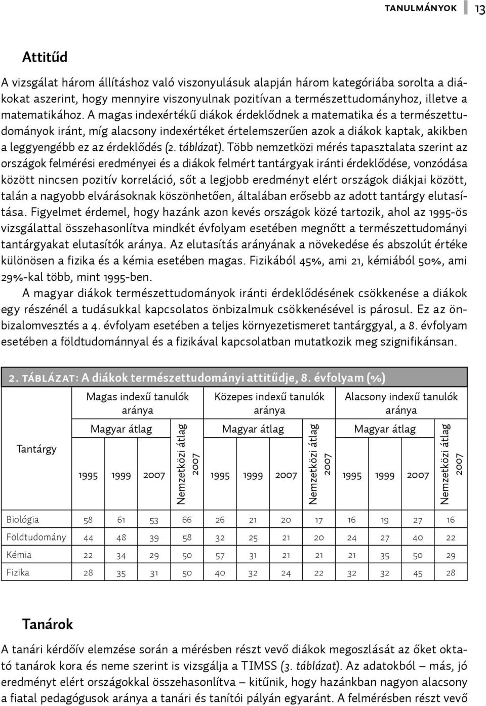 A magas indexértékű diákok érdeklődnek a matematika és a természettudományok iránt, míg alacsony indexértéket értelemszerűen azok a diákok kaptak, akikben a leggyengébb ez az érdeklődés (2. táblázat).