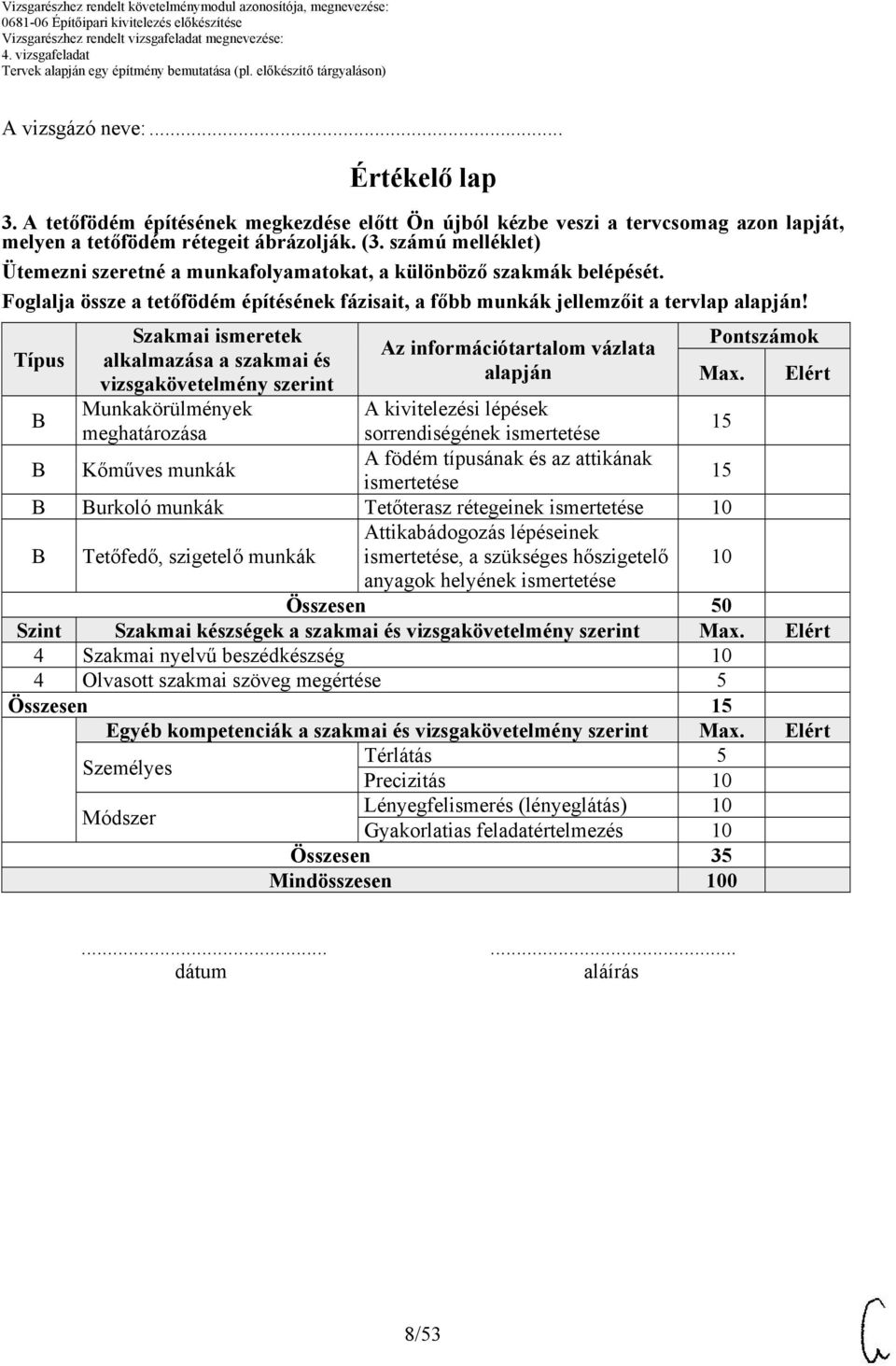 Típus Szakmai ismeretek alkalmazása a szakmai és vizsgakövetelmény szerint Munkakörülmények meghatározása Az információtartalom vázlata alapján Pontszámok Max.