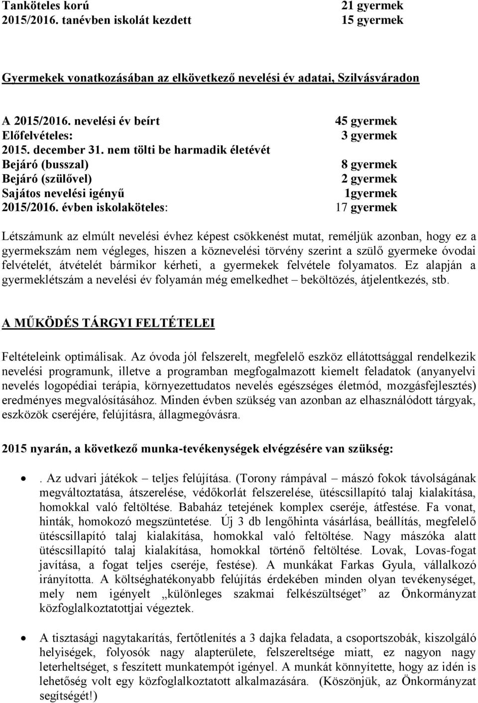 nem tölti be harmadik életévét Bejáró (busszal) 8 gyermek Bejáró (szülővel) 2 gyermek Sajátos nevelési igényű 1gyermek 2015/2016.