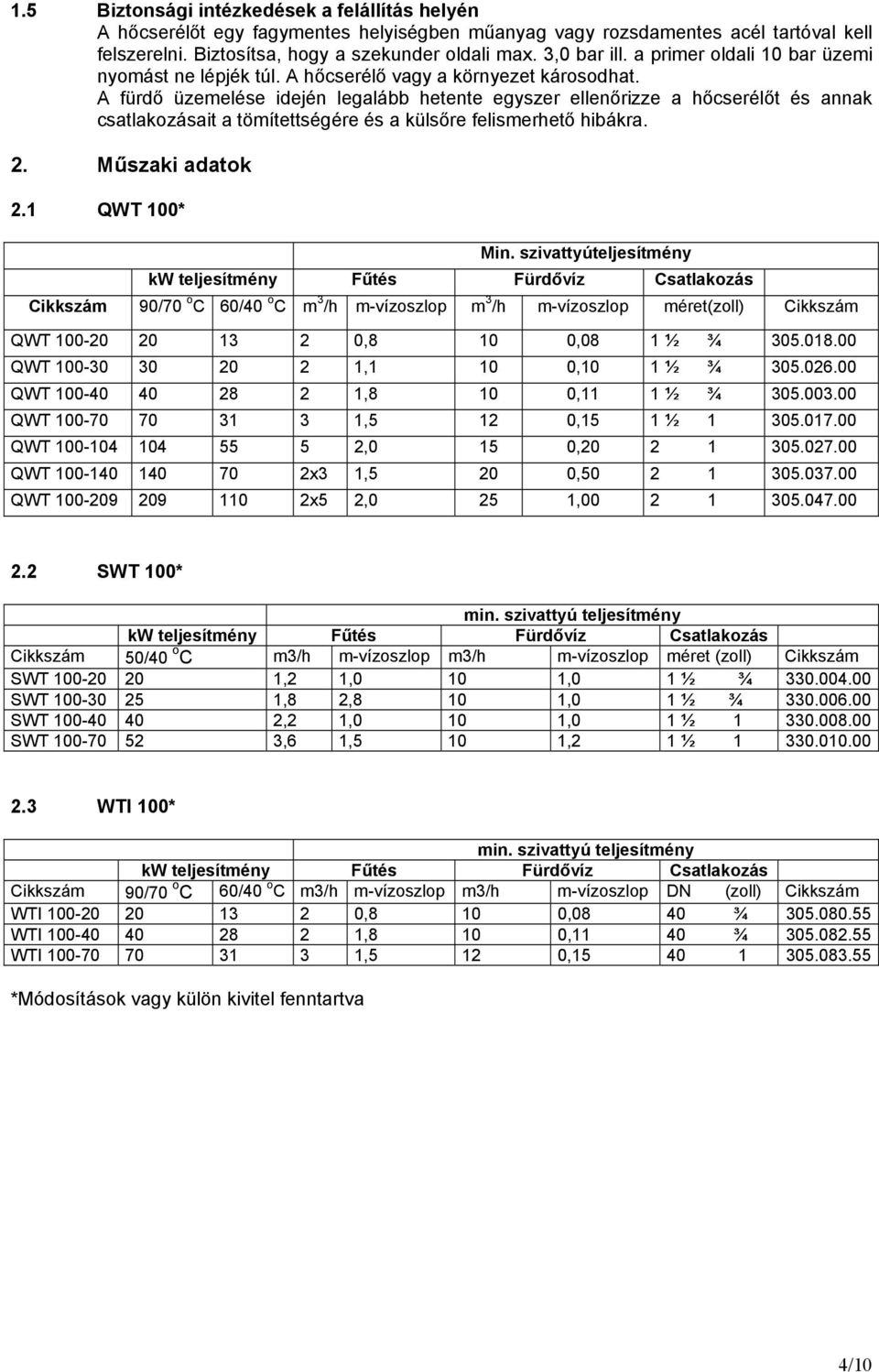 A fürdő üzemelése idején legalább hetente egyszer ellenőrizze a hőcserélőt és annak csatlakozásait a tömítettségére és a külsőre felismerhető hibákra. 2. Műszaki adatok 2.1 QWT 100* Min.