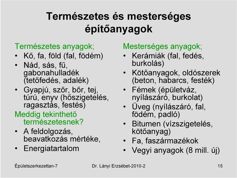 A feldolgozás, beavatkozás mértéke, Energiatartalom Mesterséges anyagok; Kerámiák (fal, fedés, burkolás) Kötőanyagok, oldószerek (beton, habarcs,