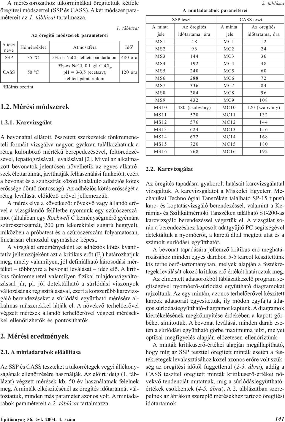 táblázat Az öregítõ módszerek paraméterei A teszt neve Hõmérséklet Atmoszféra Idõ 1 SSP 35 C 5%-os NaCl, telített páratartalom 480 óra 5%-os NaCl, 0,1 g/l CuCl 2, CASS 50 C ph = 3-3,5 (ecetsav), 120