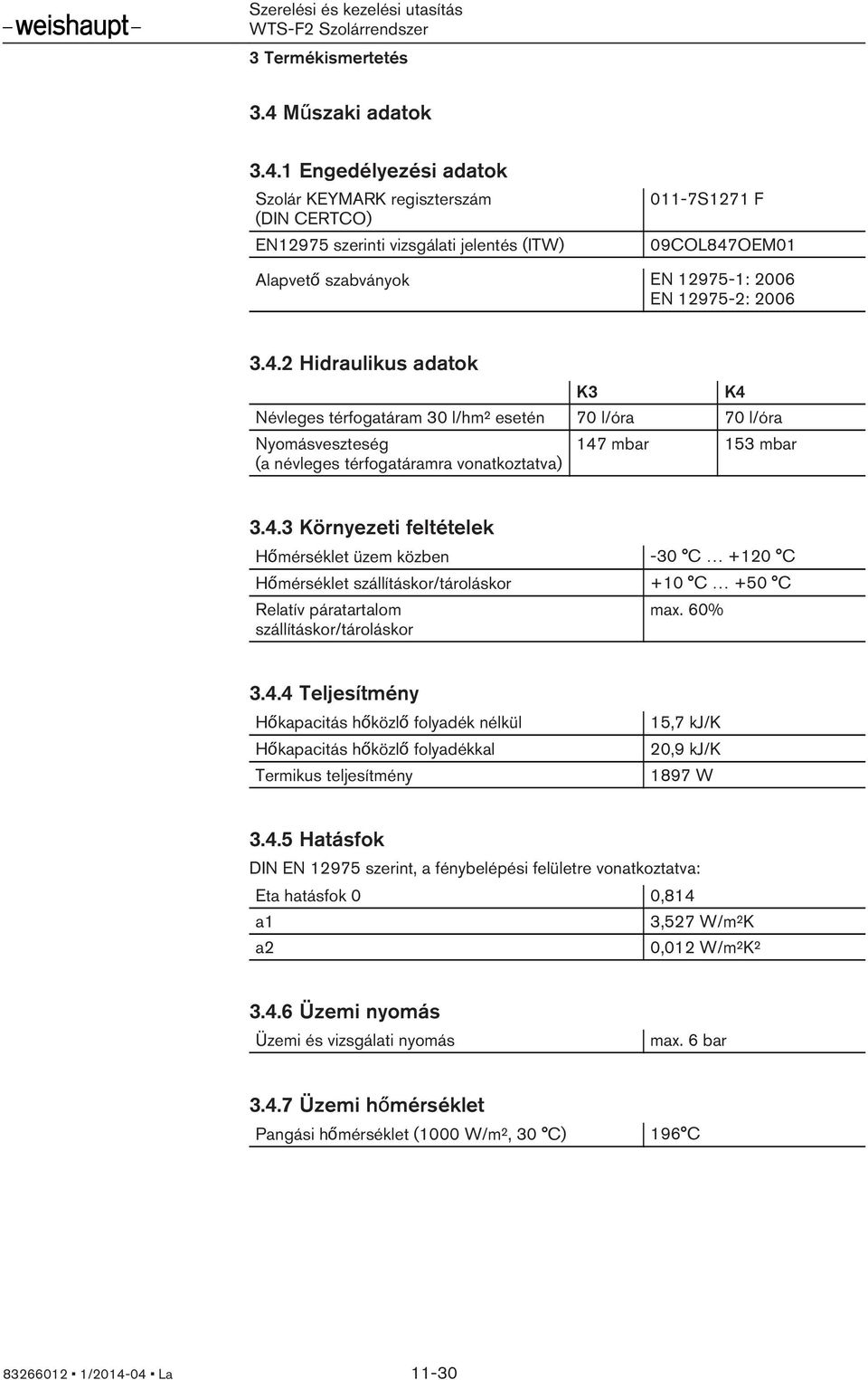 1 Engedélyezési adatok Szolár KEYMARK regiszterszám (DIN CERTCO) EN12975 szerinti vizsgálati jelentés (ITW) 011-7S1271 F 09COL847