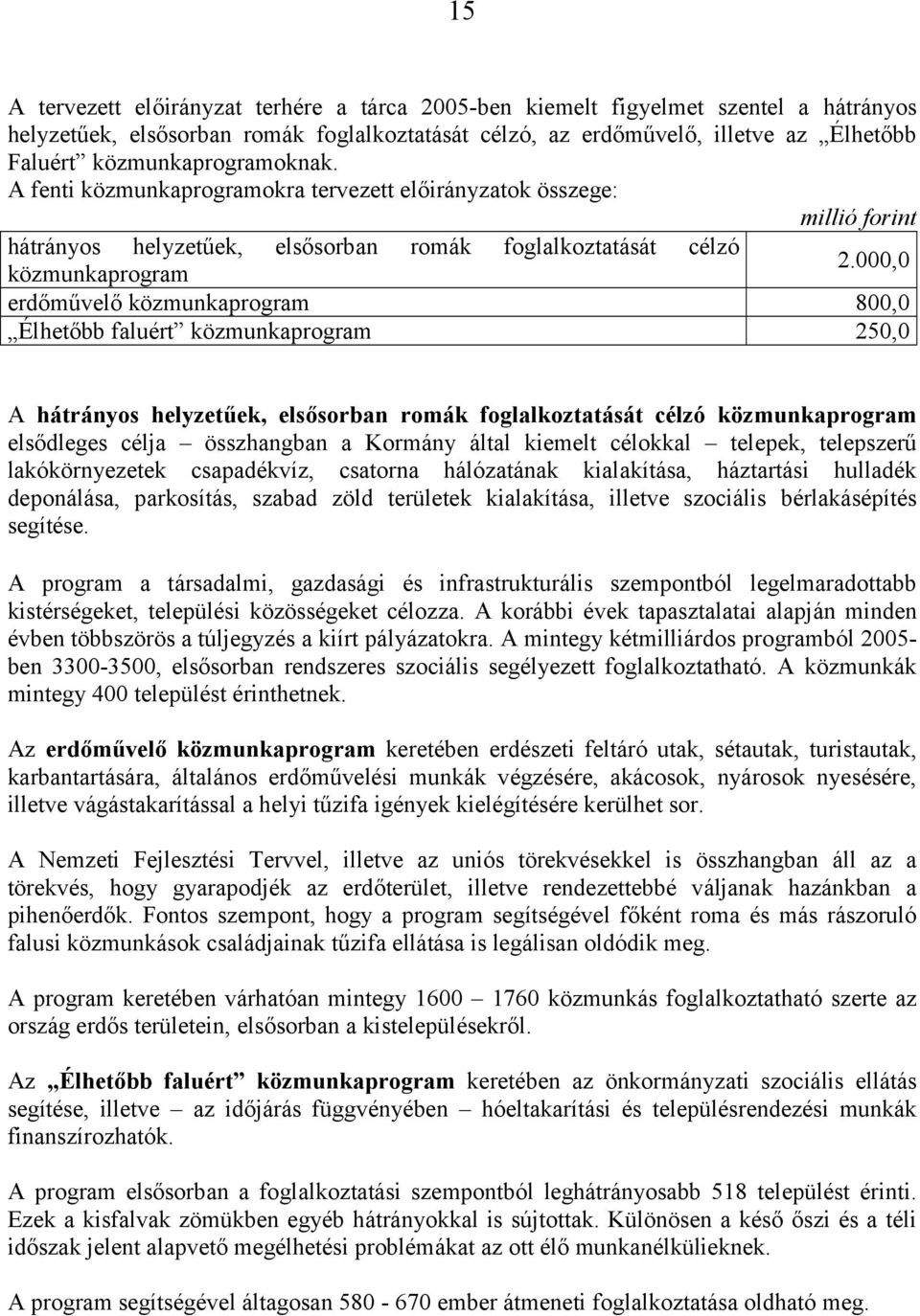 000,0 közmunkaprogram erdőművelő közmunkaprogram 800,0 Élhetőbb faluért közmunkaprogram 250,0 A hátrányos helyzetűek, elsősorban romák foglalkoztatását célzó közmunkaprogram elsődleges célja