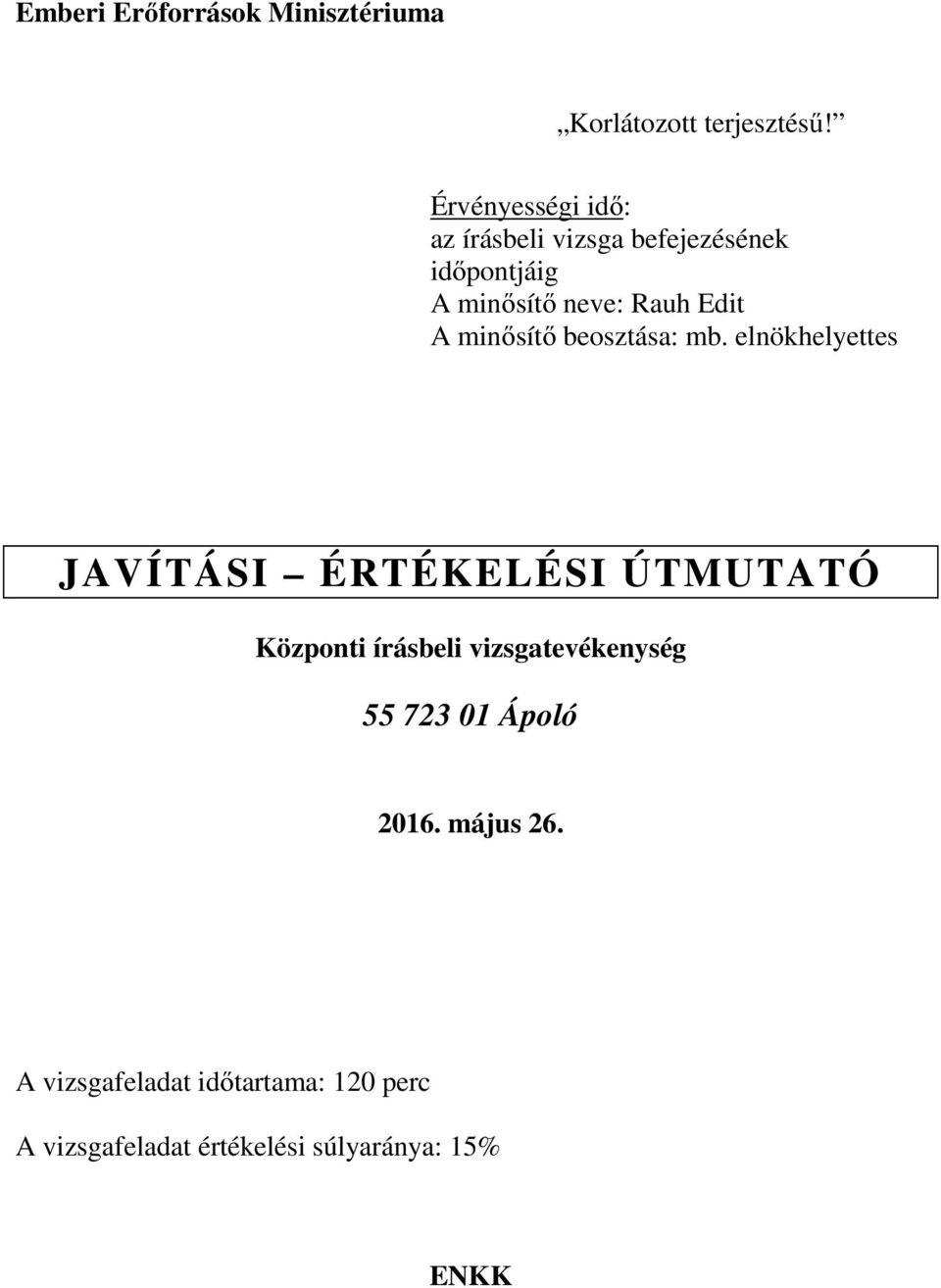 elnökhelyettes JAVÍTÁSI ÉRTÉKELÉSI ÚTMUTATÓ Központi írásbeli vizsgatevékenység 55 723