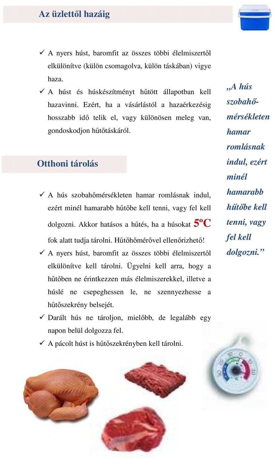 Otthoni tárolás A hús szobahőmérsékleten hamar romlásnak indul, ezért minél hamarabb hűtőbe kell tenni, vagy fel kell dolgozni. Akkor hatásos a hűtés, ha a húsokat 5ºC fok alatt tudja tárolni.