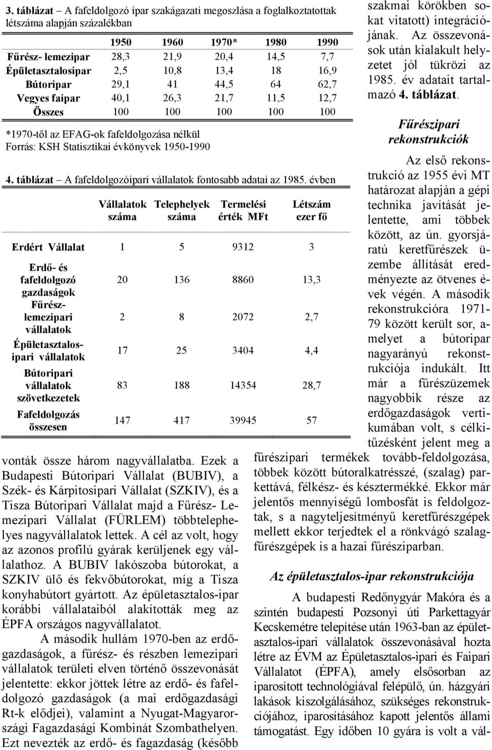 táblázat A fafeldolgozóipari vállalatok fontosabb adatai az 1985. évben Vállalatok száma Telephelyek száma vonták össze három nagyvállalatba.