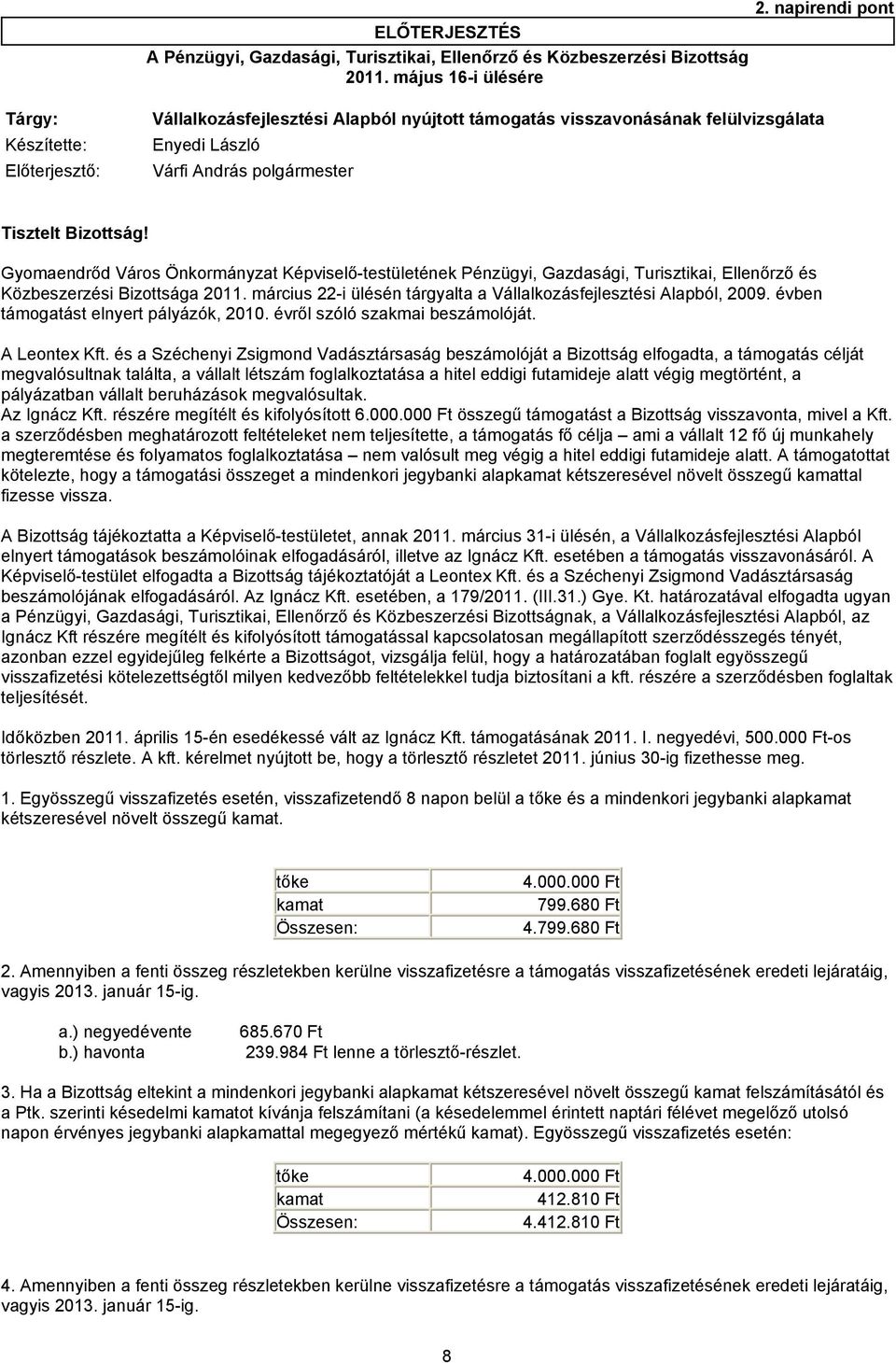 Gyomaendrőd Város Önkormányzat Képviselő-testületének Pénzügyi, Gazdasági, Turisztikai, Ellenőrző és Közbeszerzési Bizottsága 2011.