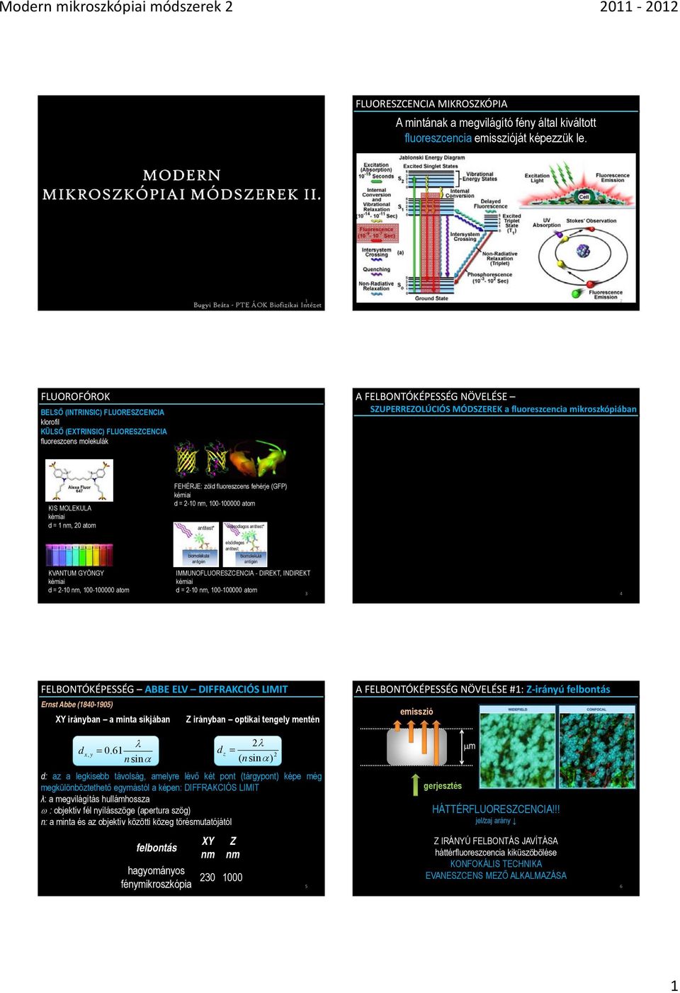 MÓDSZEREK a fluoreszcencia mikroszkópiában KIS MOLEKULA kémiai d = 1, 20 atom FEHÉRJE: zöld fluoreszcens fehérje (GFP) kémiai d = 2-10, 100-100000 atom antitest* másodlagos antitest* KVANTUM GYÖNGY