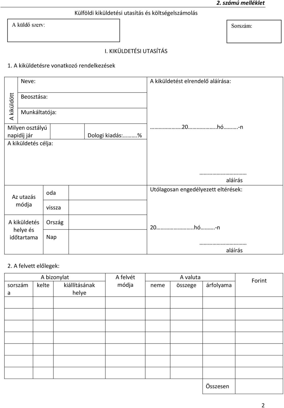 KIKÜLDETÉSI UTASÍTÁS Neve: A kiküldetést elrendelő aláírása: Beosztása: Munkáltatója: Milyen osztályú napidíj jár A kiküldetés célja: Dologi