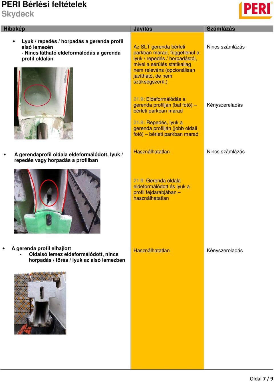 9: Repedés, lyuk a gerenda profilján (jobb oldali fotó) bérleti parkban marad A gerendaprofil oldala eldeformálódott, lyuk / repedés vagy horpadás a profilban 21.