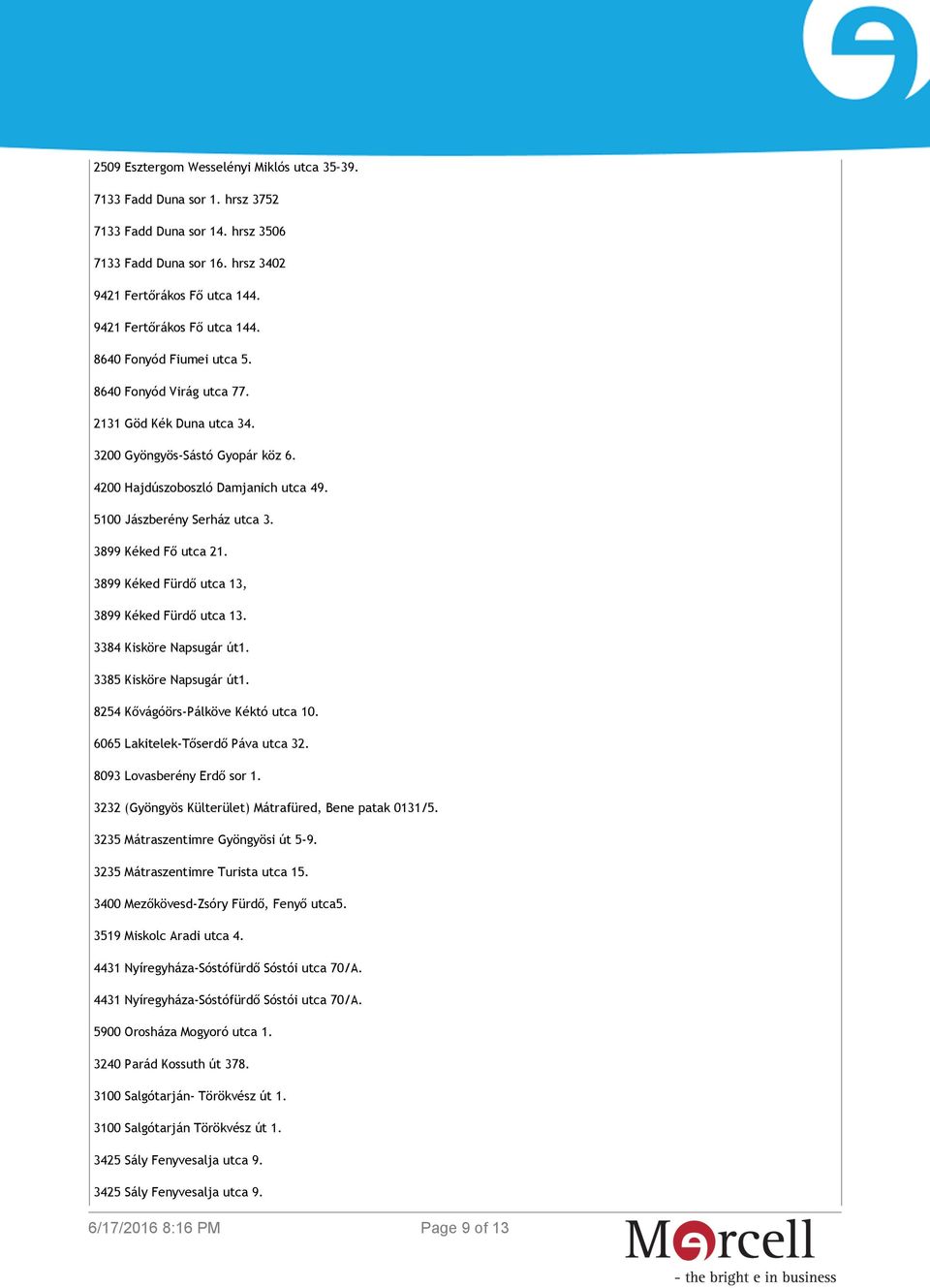 3899 Kéked Fürdő utca 13, 3899 Kéked Fürdő utca 13. 3384 Kisköre Napsugár út1. 3385 Kisköre Napsugár út1. 8254 Kővágóörs-Pálköve Kéktó utca 10. 6065 Lakitelek-Tőserdő Páva utca 32.