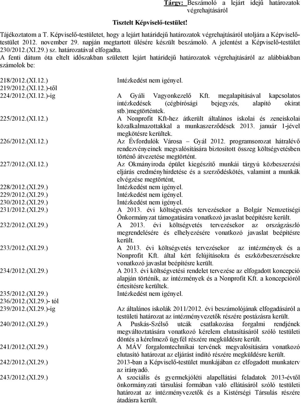 A jelentést a Képviselő-testület 230/2012.(XI.29.) sz. határozatával elfogadta.