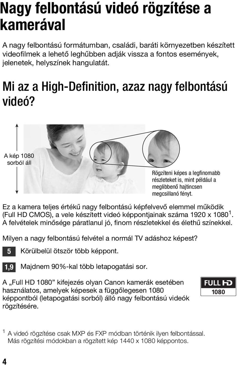 Ez a kamera teljes értékű nagy felbontású képfelvevő elemmel működik (Full HD CMOS), a vele készített videó képpontjainak száma 1920 x 1080 1.