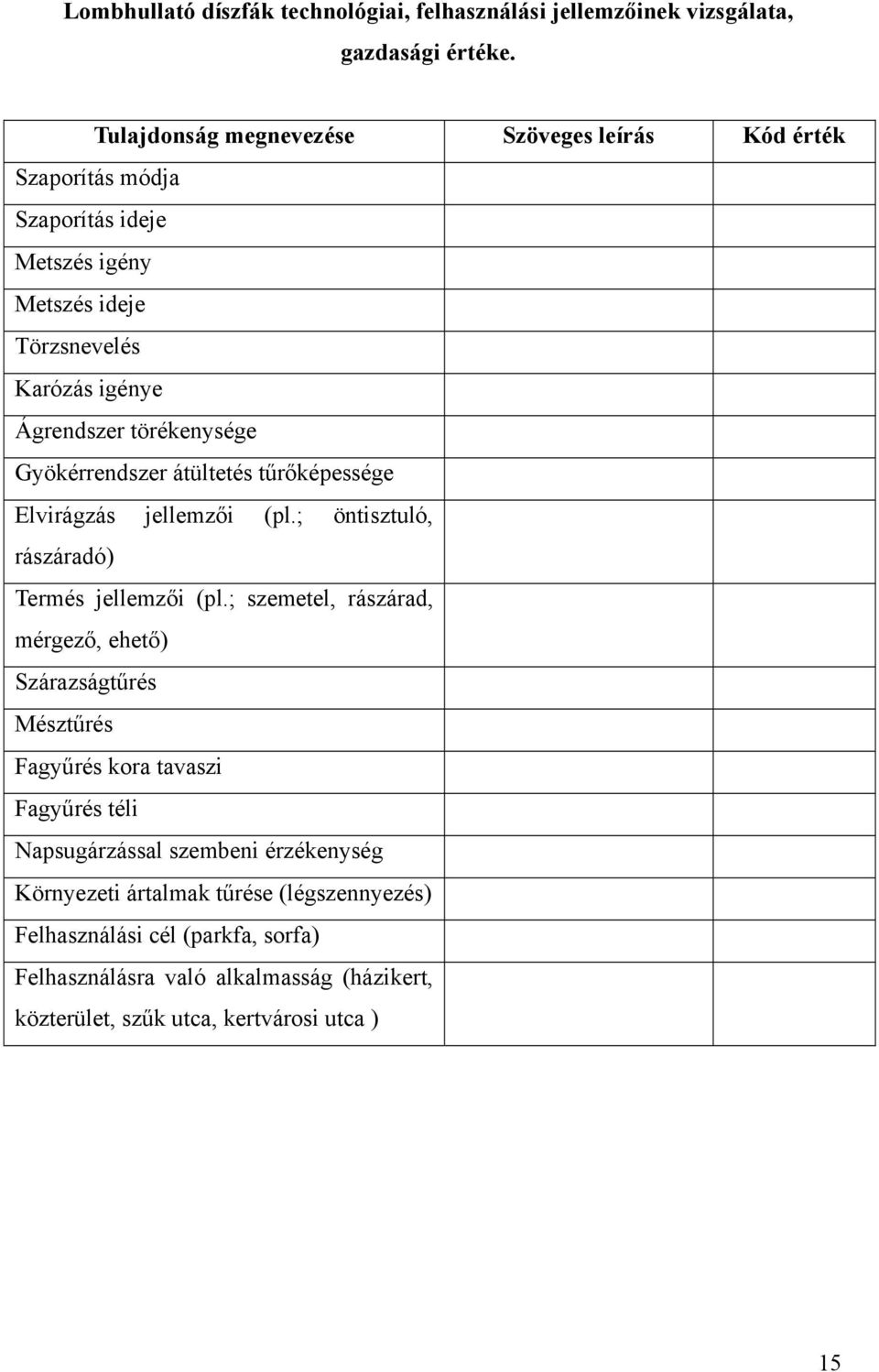 Gyökérrendszer átültetés tűrőképessége Elvirágzás jellemzői (pl.; öntisztuló, rászáradó) Termés jellemzői (pl.