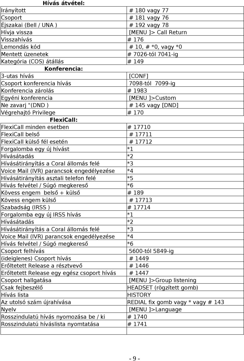 zavarj "(DND ) # 145 vagy [DND] Végrehajtó Privilege # 170 FlexiCall: FlexiCall minden esetben # 17710 FlexiCall belső # 17711 FlexiCall külső fél esetén # 17712 Forgalomba egy új hívást *1
