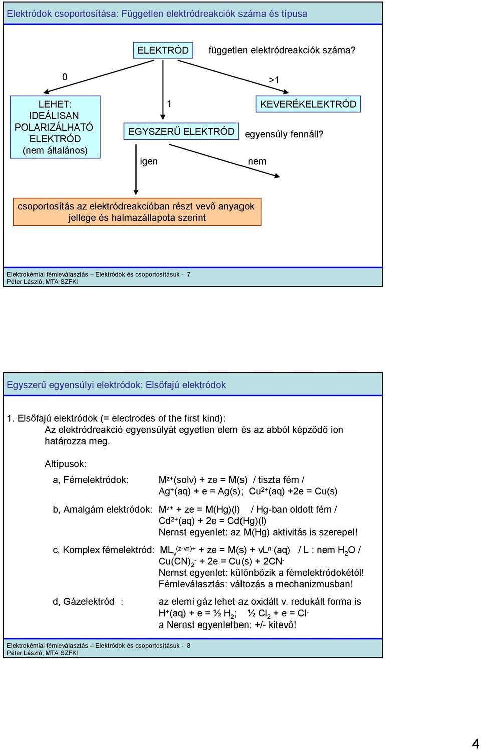 nem csprtsítás az elektródreakcóban részt vevő anyagk jellege és halmazállapta szernt Elektrkéma fémleválasztás Elektródk és csprtsításuk - 7 Egyszerű egyensúly elektródk: Elsőfajú elektródk 1.