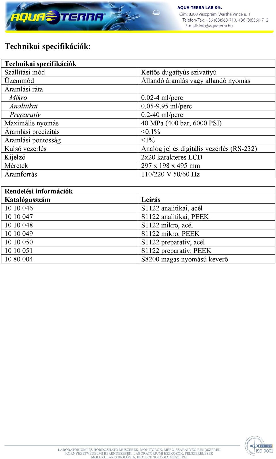 nyomás 0.02-4 ml/perc 0.05-9.95 ml/perc 0.2-40 ml/perc 40 MPa (400 bar, 6000 PSI) <0.