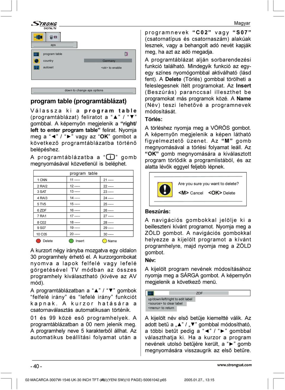 A programtáblázatba a gomb megnyomásával közvetlenül is beléphet. SURJUDPWDEOH &11 5$, 6$7 5$, 79 =') 5$ & 6 & 'HOHWH,QVHUW 1DPH A kurzort négy irányba mozgatva egy oldalon 30 programhely érhetõ el.