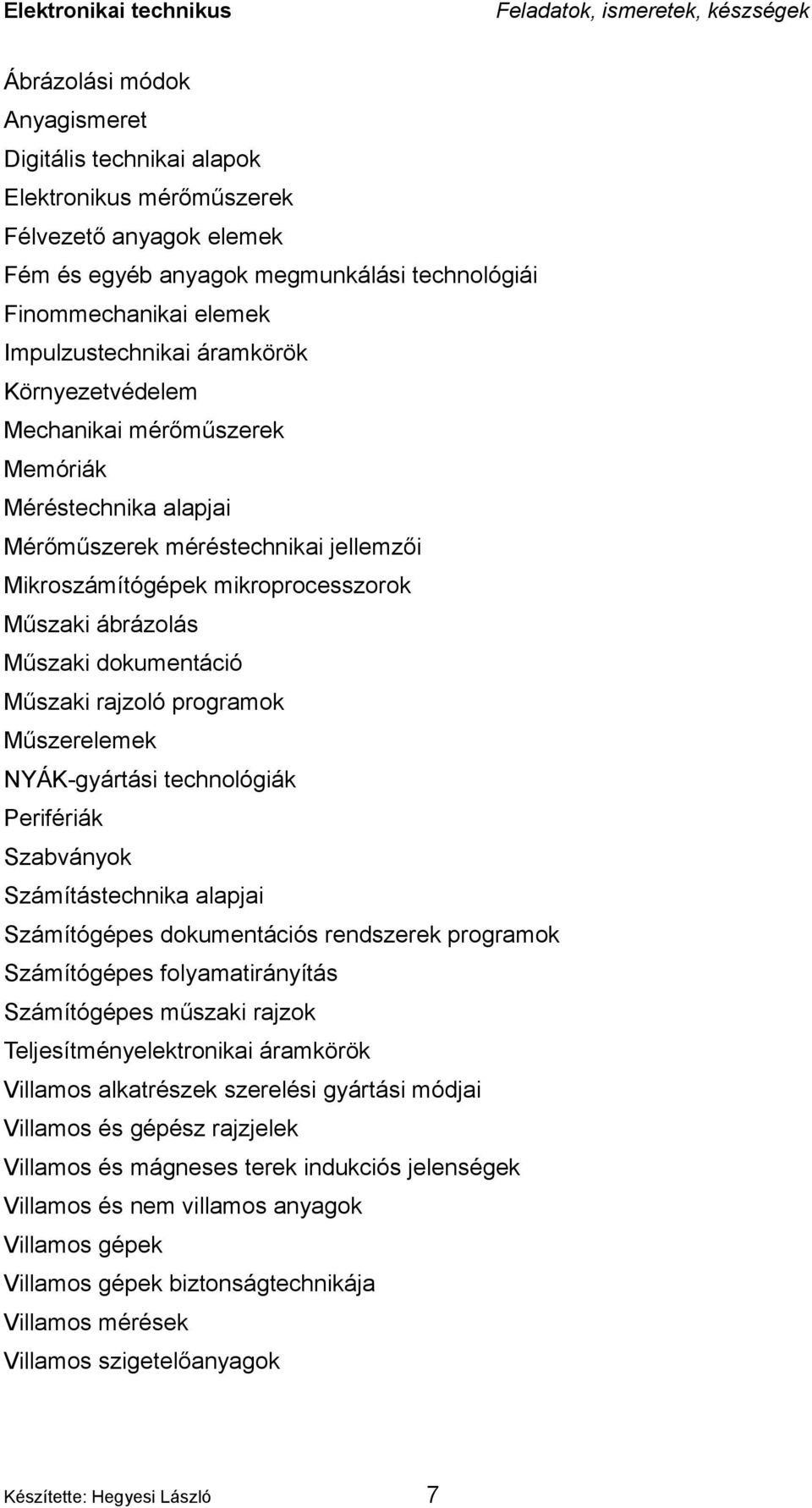 Műszaki ábrázolás Műszaki dokumentáció Műszaki rajzoló programok Műszerelemek NYÁK-gyártási technológiák Perifériák Szabványok Számítástechnika alapjai Számítógépes dokumentációs rendszerek programok