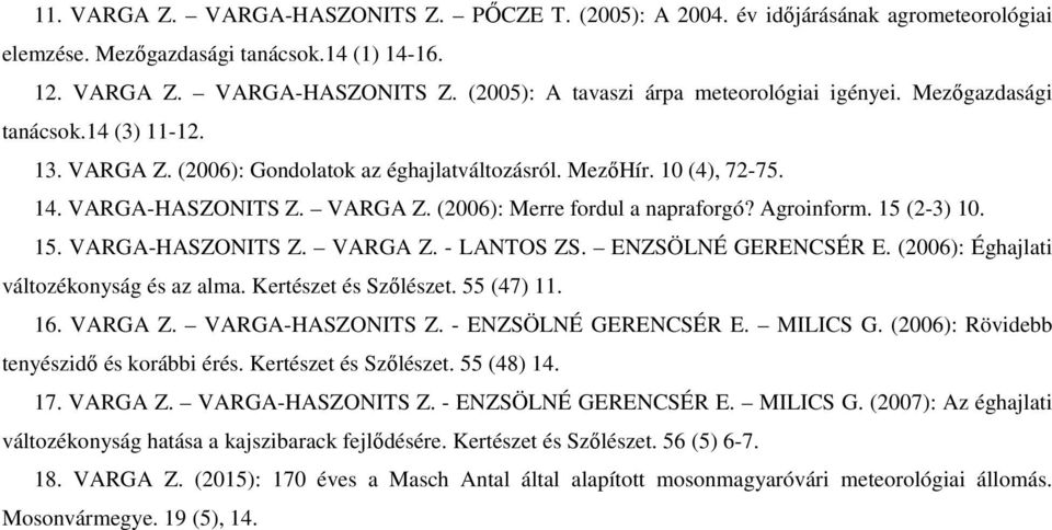15 (2-3) 10. 15. VARGA-HASZONITS Z. VARGA Z. - LANTOS ZS. ENZSÖLNÉ GERENCSÉR E. (2006): Éghajlati változékonyság és az alma. Kertészet és Szőlészet. 55 (47) 11. 16. VARGA Z. VARGA-HASZONITS Z. - ENZSÖLNÉ GERENCSÉR E.