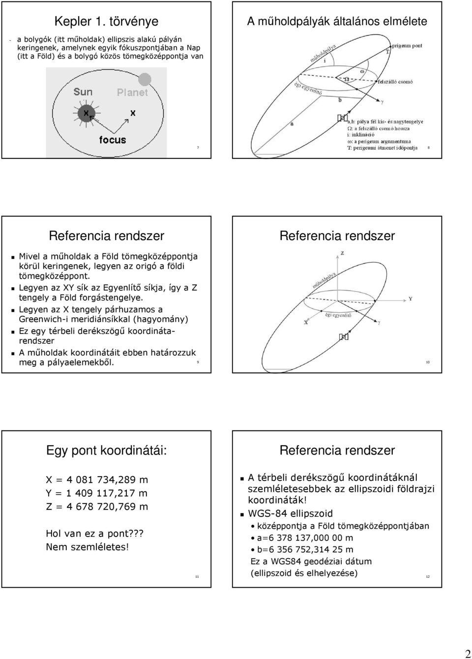 megközépponja van 7 8 Referencia rendszer Referencia rendszer Mivel a műholdak m a Föld F ömegk megközépponja körül l keringenek, legyen az origó a földi f ömegközéppon.