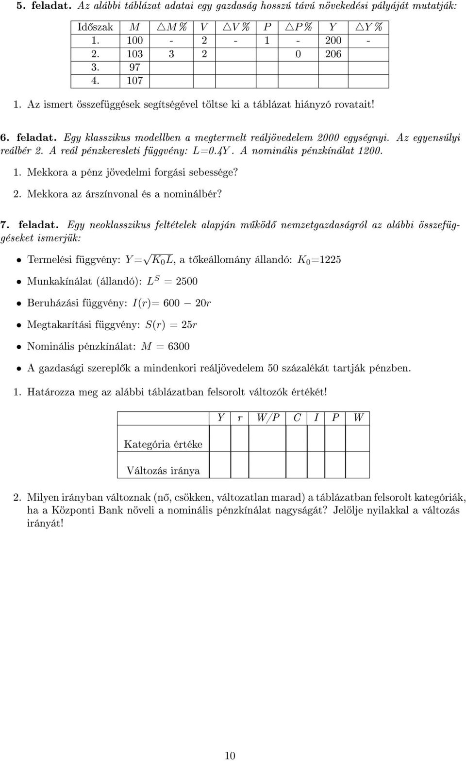 A reál pénzkeresleti függvény: L=0.4Y. A nominális pénzkínálat 1200. 1. Mekkora a pénz jövedelmi forgási sebessége? 2. Mekkora az árszínvonal és a nominálbér? 7. feladat.
