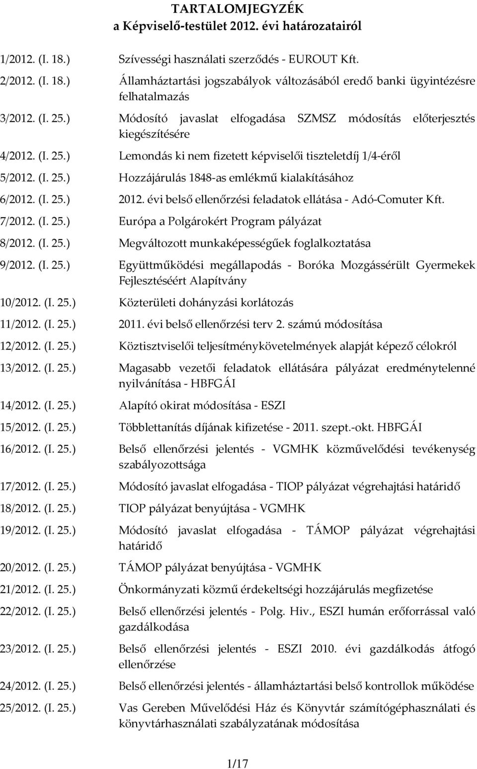 (I. 25.) 2012. évi belső ellenőrzési feladatok ellátása - Adó-Comuter Kft. 7/2012. (I. 25.) Európa a Polgárokért Program pályázat 8/2012. (I. 25.) Megváltozott munkaképességűek foglalkoztatása 9/2012.