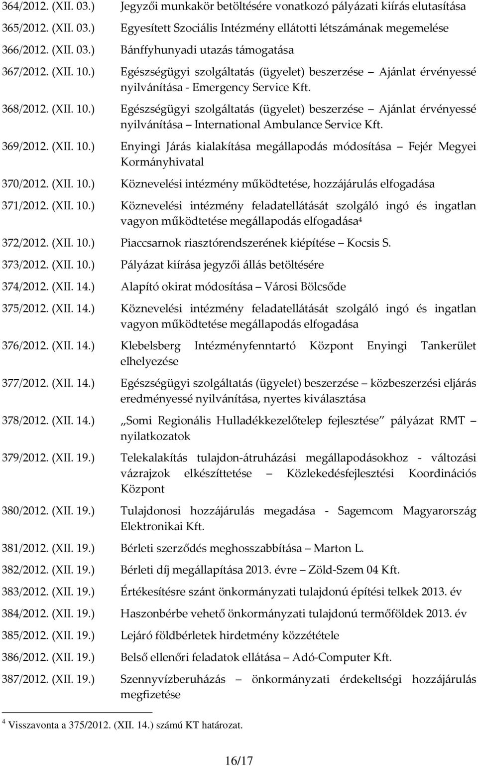 369/2012. (XII. 10.) Enyingi Járás kialakítása megállapodás módosítása Fejér Megyei Kormányhivatal 370/2012. (XII. 10.) Köznevelési intézmény működtetése, hozzájárulás elfogadása 371/2012. (XII. 10.) Köznevelési intézmény feladatellátását szolgáló ingó és ingatlan vagyon működtetése megállapodás elfogadása 4 372/2012.