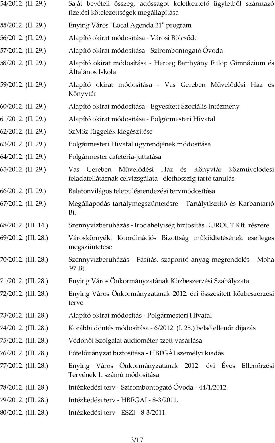 (II. 29.) Alapító okirat módosítása - Egyesített Szociális Intézmény 61/2012. (II. 29.) Alapító okirat módosítása - Polgármesteri Hivatal 62/2012. (II. 29.) SzMSz függelék kiegészítése 63/2012. (II. 29.) Polgármesteri Hivatal ügyrendjének módosítása 64/2012.