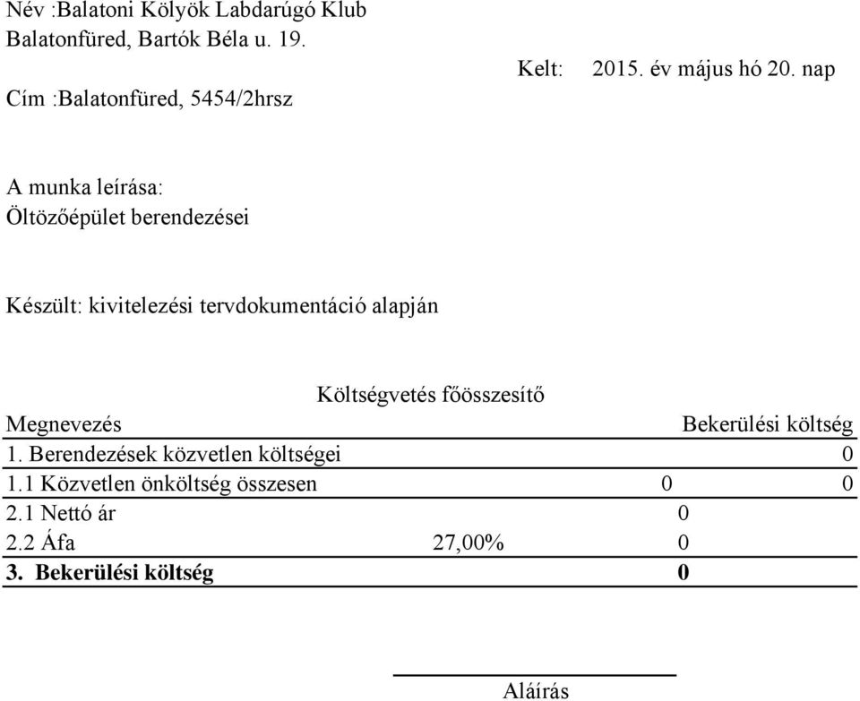 nap A munka leírása: Öltözőépület berendezései Készült: kivitelezési tervdokumentáció alapján