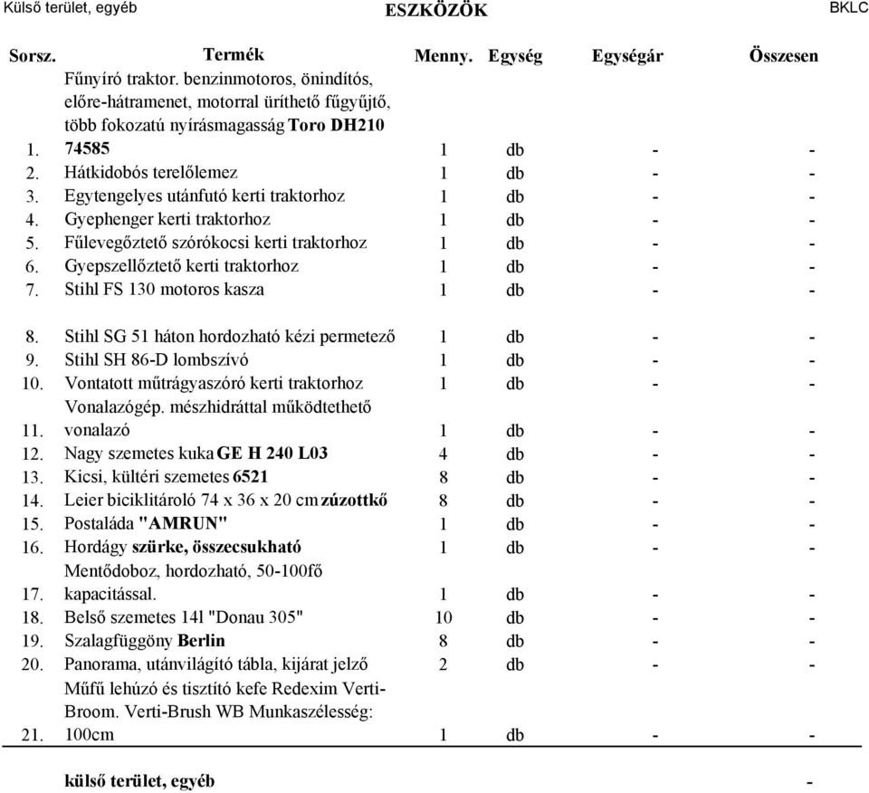 Gyepszellőztető kerti traktorhoz 1 db - - 7. Stihl FS 130 motoros kasza 1 db - - 8. Stihl SG 51 háton hordozható kézi permetező 1 db - - 9. Stihl SH 86-D lombszívó 1 db - - 10.
