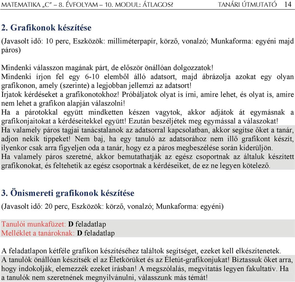 Mindenki írjon fel egy 6-10 elemből álló adatsort, majd ábrázolja azokat egy olyan grafikonon, amely (szerinte) a legjobban jellemzi az adatsort! Írjatok kérdéseket a grafikonotokhoz!