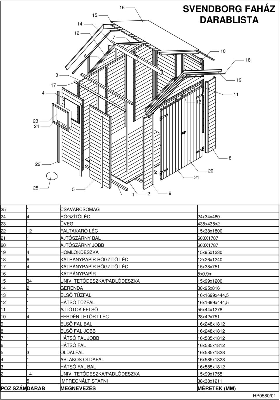 TETÕDESZKA/PADLÓDESZKA 15x99x1200 14 2 GERENDA 38x95x816 13 1 ELSÕ TÛZFAL 16x1699x444,5 12 1 HÁTSÓ TÛZFAL 16x1699x444,5 11 1 AJTÓTOK FELSÕ 55x44x1278 10 4 FERDÉN LETÖRT LÉC 28x42x751 9 1 ELSÕ FAL BAL