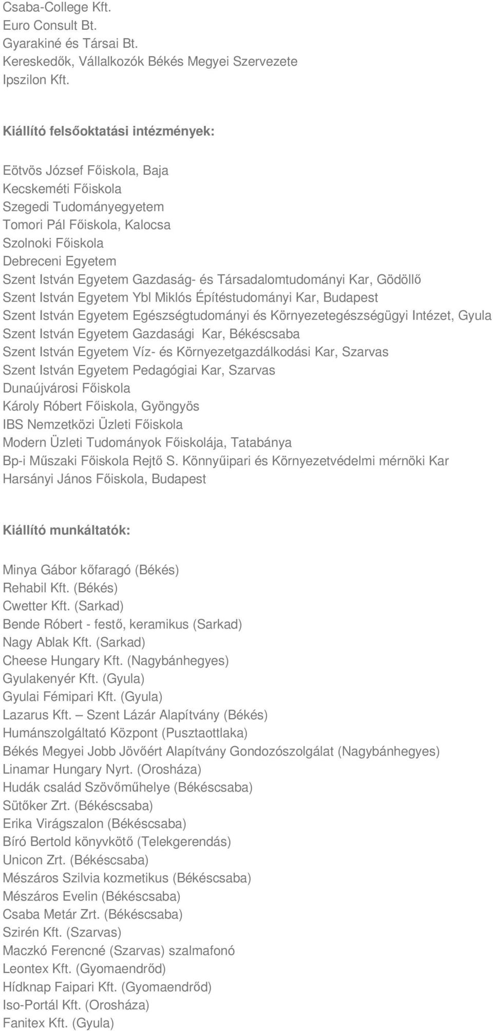 Gazdaság- és Társadalomtudományi Kar, Gödöllő Szent István Egyetem Ybl Miklós Építéstudományi Kar, Budapest Szent István Egyetem Egészségtudományi és Környezetegészségügyi Intézet, Gyula Szent István