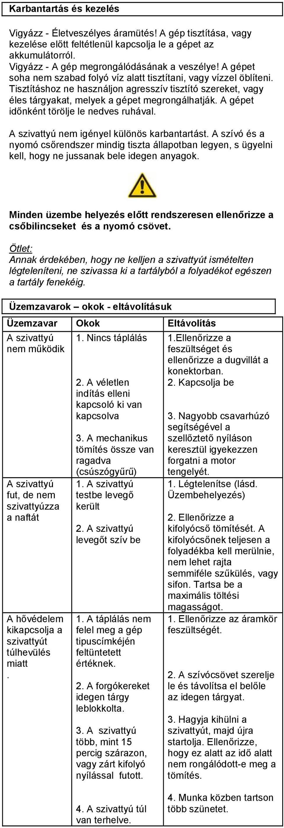 A gépet időnként törölje le nedves ruhával. A szivattyú nem igényel különös karbantartást.