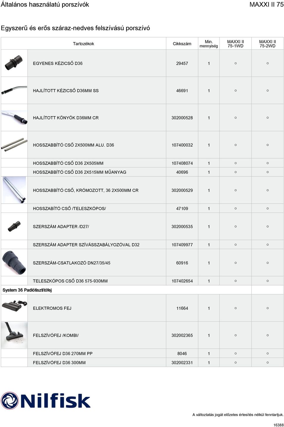 CSŐ /TELESZKÓPOS/ 47109 1 SZERSZÁM ADAPTER /D27/ 302000535 1 SZERSZÁM ADAPTER SZÍVÁSSZABÁLYOZÓVAL D32 107409977 1 SZERSZÁM-CSATLAKOZÓ DN27/35/45 60916 1 TELESZKÓPOS