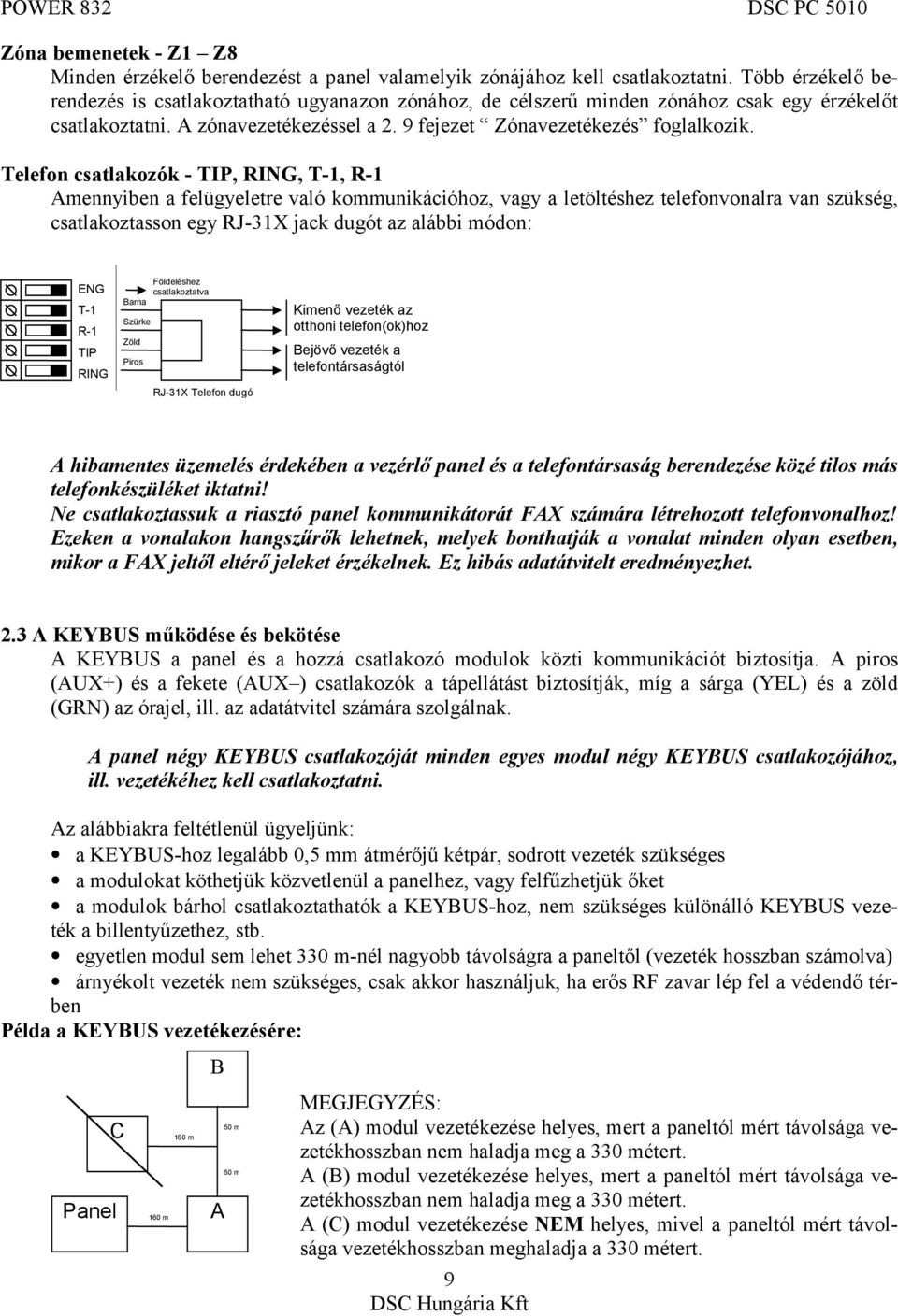 Telefon csatlakozók - TIP, RING, T-1, R-1 Amennyiben a felügyeletre való kommunikációhoz, vagy a letöltéshez telefonvonalra van szükség, csatlakoztasson egy RJ-31X jack dugót az alábbi módon: ENG T-1